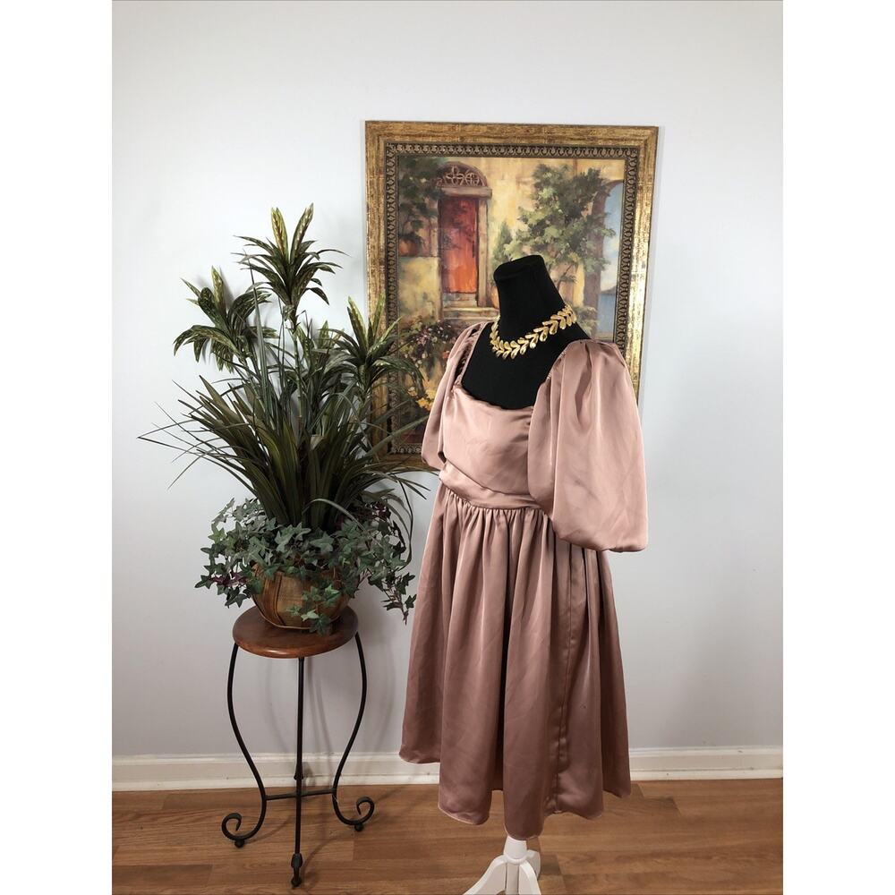 Labiz Woman Dress Puff 1/2 Sleeve Babydoll Dress Pink Pleated Square Neck Zip - Picture 4 of 8